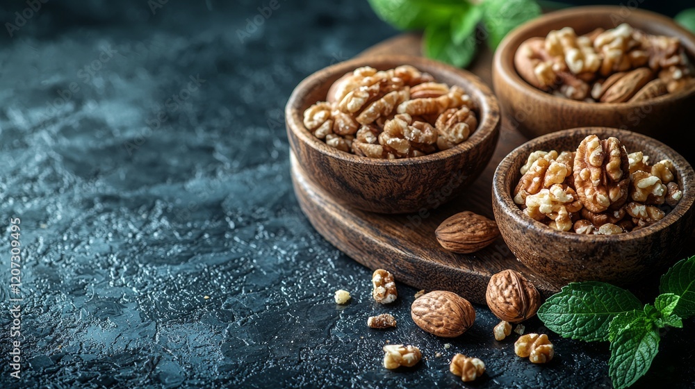 Assorted Nuts in Rustic Wooden Bowls Assorted Nuts in Rustic Wooden Bowls