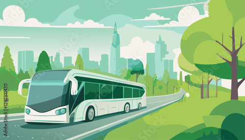 Bus on the road. Buses transport vector illustration in flat cartoon style. Summer landscape.