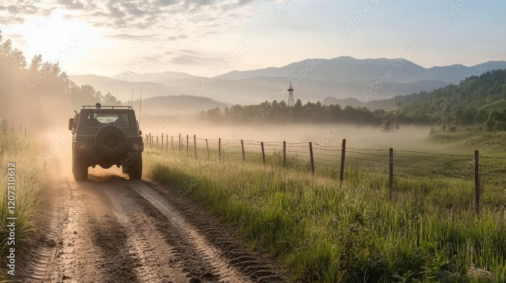 Fototapeta premium Off-Road Adventure Vehicle Navigates Dusty Trail at Sunrise Amidst Scenic Landscape with Misty Mountains and Lush Greenery in Background