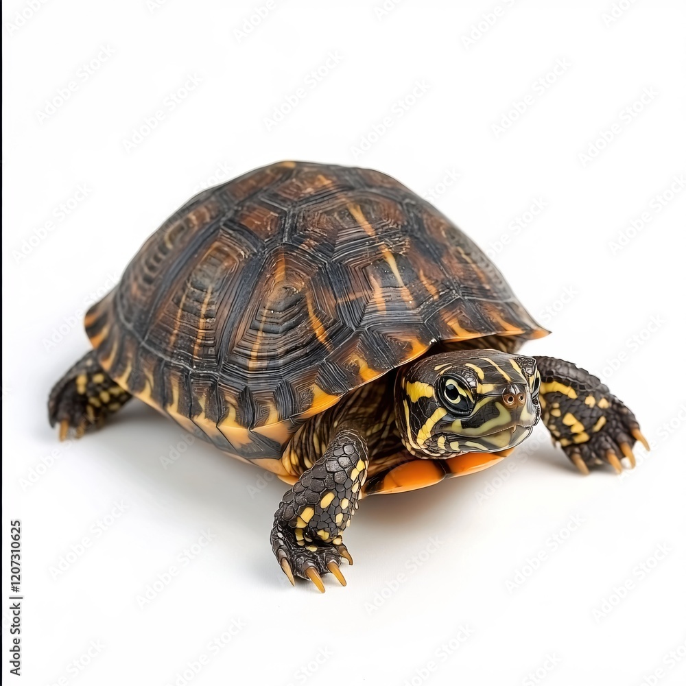 Naklejka premium Adorable Baby Turtle Crawling on White Background Cute Reptile Wildlife Photography