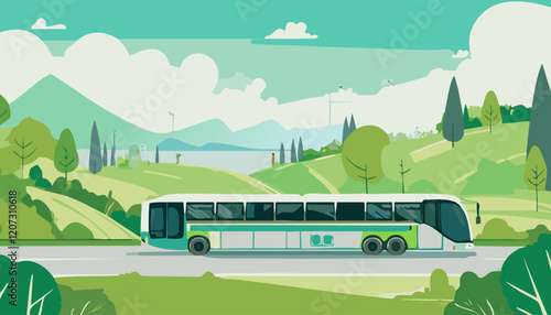 Bus on the road in the mountains. Transport buses vector illustration in flat style.