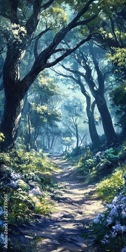 Serene Forest Path Sunlight Through Lush Green Canopy Tranquil Nature Scene