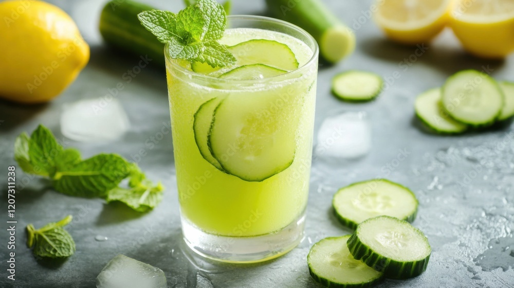 A refreshing detox juice in a glass, with ingredients like cucumber, lemon A refreshing detox juice in a glass, with ingredients like cucumber, lemon