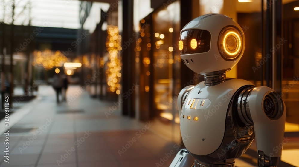 Friendly Robot Exploring a Modern City Street Friendly Robot Exploring a Modern City Street