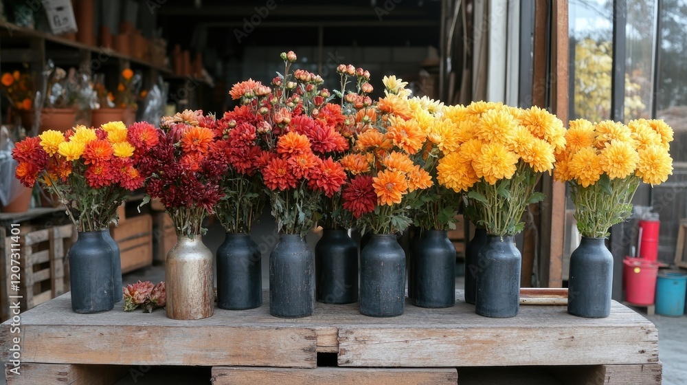 Vases of chrysanthemums in mixed shades of orange, red, and yellow, placed on wooden crates in a rustic market setting. Vases of chrysanthemums in mixed shades of orange, red, and yellow, placed on wooden crates in a rustic market setting.