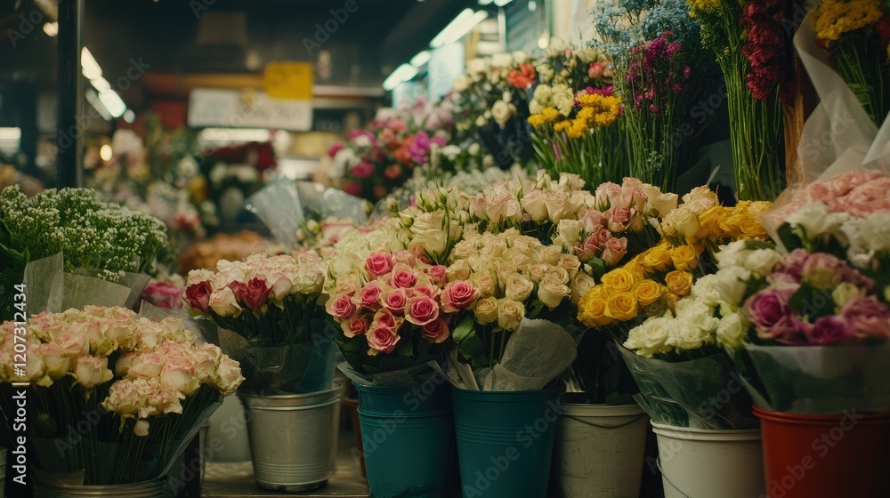 Fototapeta premium Warehouse of a flower shop filled with fresh flowers in buckets, featuring roses, daisies, and carnations ready for arrangement.
