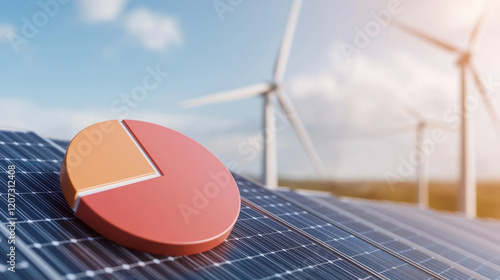 Sustainability project funding business. Pie chart on solar panels with wind turbines in background photo