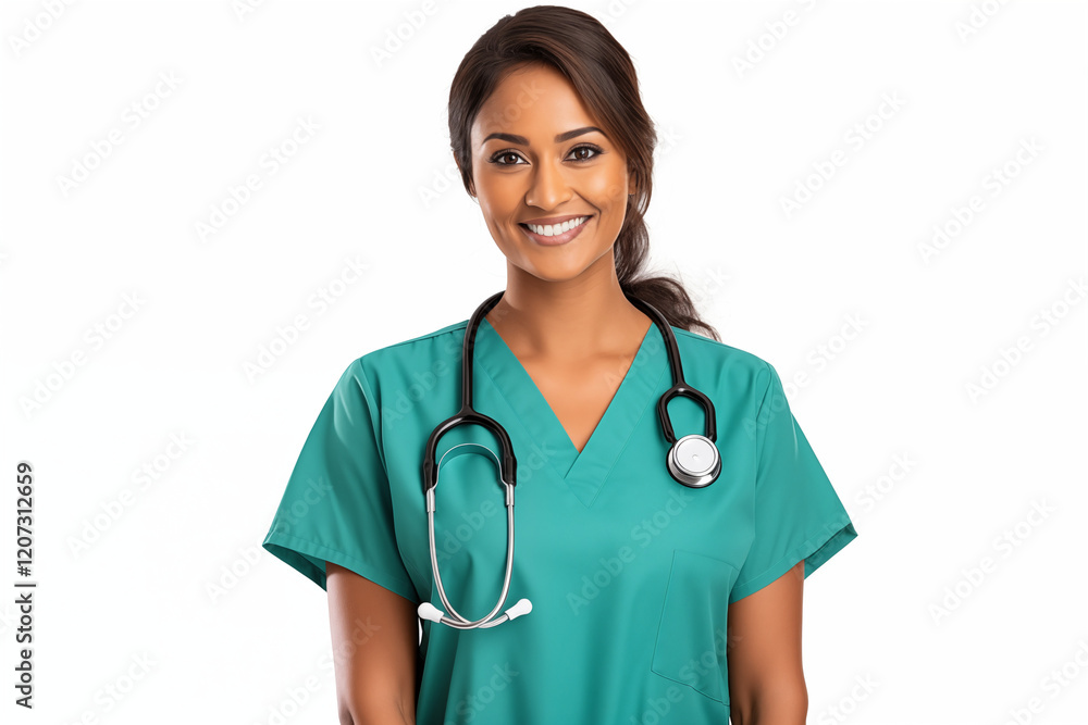 Smiling Indian Nurse in Professional Uniform with Stethoscope, Friendly and Compassionate Healthcare Worker, White Background, Perfect for Medical, Healthcare, Wellness, and Patient Care Concepts. Smiling Indian Nurse in Professional Uniform with Stethoscope, Friendly and Compassionate Healthcare Worker, White Background, Perfect for Medical, Healthcare, Wellness, and Patient Care Concepts.