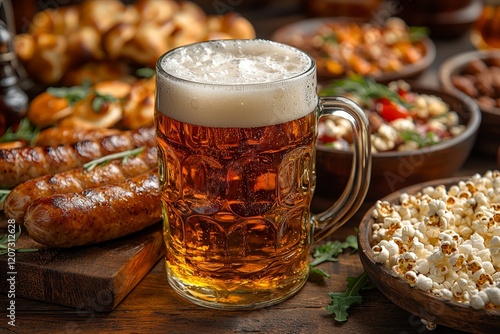 For Oktoberfest, savor beer, ham hocks, popcorn, different types of sausages, and handcrafted bretzels set against a black stone background photo