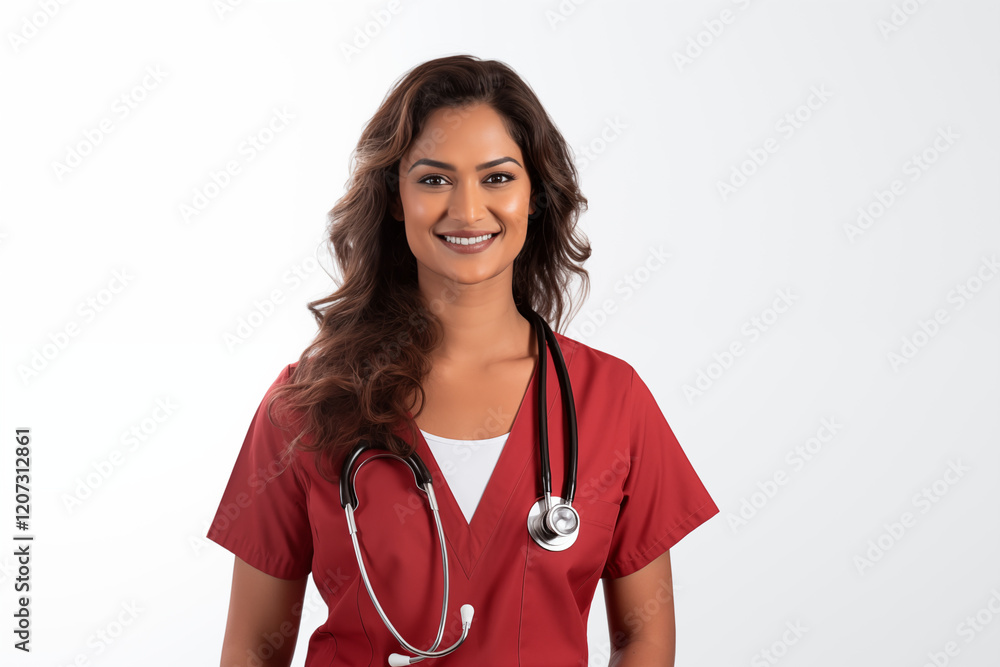 Smiling Indian Nurse in Professional Uniform with Stethoscope, Friendly and Compassionate Healthcare Worker, White Background, Perfect for Medical, Healthcare, Wellness, and Patient Care Concepts. Smiling Indian Nurse in Professional Uniform with Stethoscope, Friendly and Compassionate Healthcare Worker, White Background, Perfect for Medical, Healthcare, Wellness, and Patient Care Concepts.