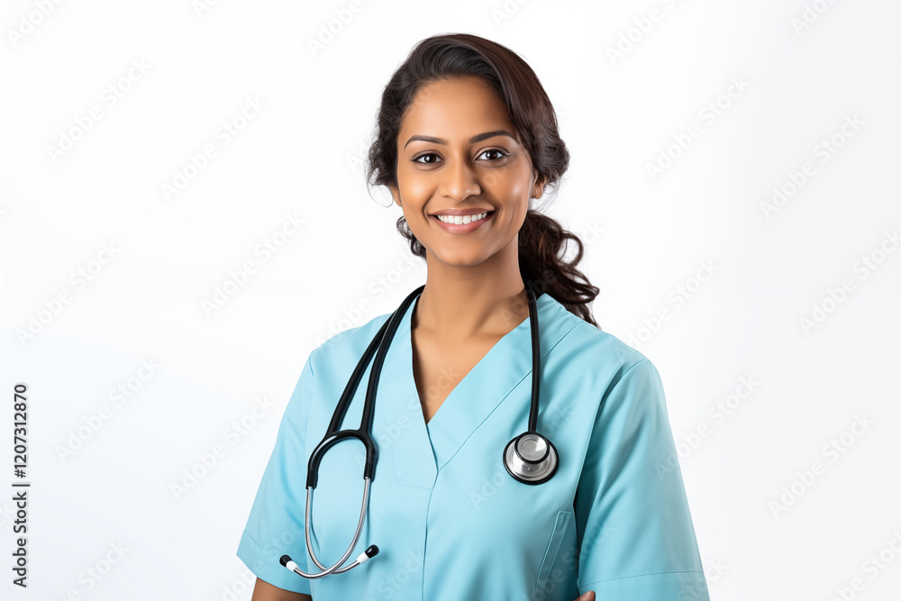 Smiling Indian Nurse in Professional Uniform with Stethoscope, Friendly and Compassionate Healthcare Worker, White Background, Perfect for Medical, Healthcare, Wellness, and Patient Care Concepts. Smiling Indian Nurse in Professional Uniform with Stethoscope, Friendly and Compassionate Healthcare Worker, White Background, Perfect for Medical, Healthcare, Wellness, and Patient Care Concepts.