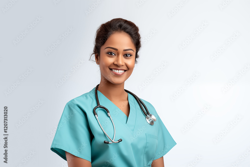 Smiling Indian Nurse in Professional Uniform with Stethoscope, Friendly and Compassionate Healthcare Worker, White Background, Perfect for Medical, Healthcare, Wellness, and Patient Care Concepts. Smiling Indian Nurse in Professional Uniform with Stethoscope, Friendly and Compassionate Healthcare Worker, White Background, Perfect for Medical, Healthcare, Wellness, and Patient Care Concepts.