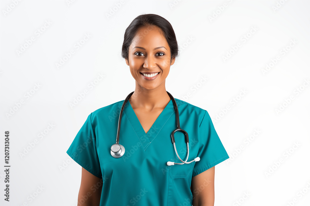 Smiling Indian Nurse in Professional Uniform with Stethoscope, Friendly and Compassionate Healthcare Worker, White Background, Perfect for Medical, Healthcare, Wellness, and Patient Care Concepts. Smiling Indian Nurse in Professional Uniform with Stethoscope, Friendly and Compassionate Healthcare Worker, White Background, Perfect for Medical, Healthcare, Wellness, and Patient Care Concepts.
