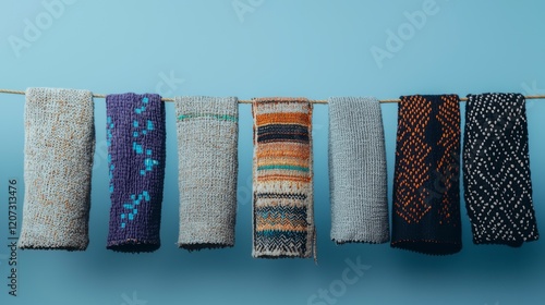 Colorful Knitted Fabric Hanging on Clothesline  Textile Background