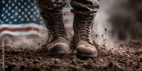 Military boots on muddy ground with American flag background