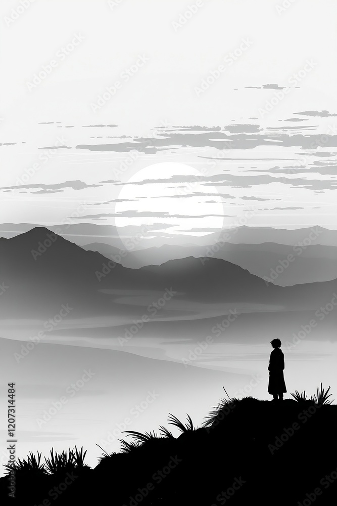 Fototapeta premium Solitude at Sunrise: A lone figure silhouetted against the breathtaking panorama of a misty sunrise over rolling mountains. The scene evokes a sense of peace and contemplation.