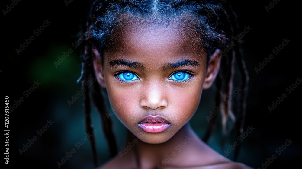 Fototapeta premium A child stands confidently, showcasing beautiful blue eyes and intricate braided hair. The soft lighting highlights their facial features, creating a stunning visual contrast