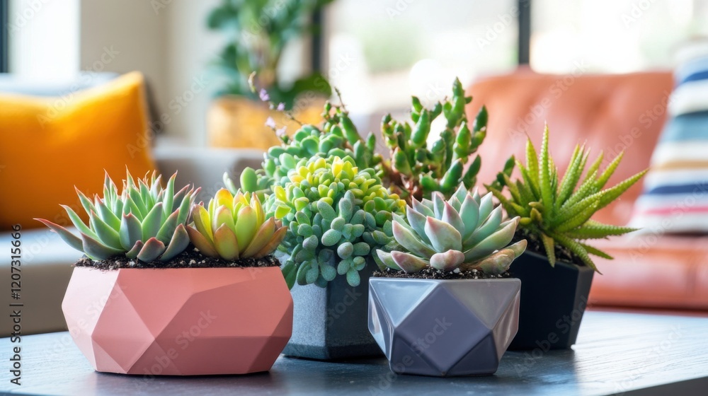An indoor succulent garden with a variety of colorful succulents in geometric planters, styled on a coffee table in a trendy space An indoor succulent garden with a variety of colorful succulents in geometric planters, styled on a coffee table in a trendy space