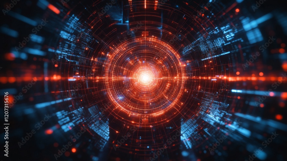 Obraz premium Abstract Digital Tunnel with Glowing Sphere and Data Streams