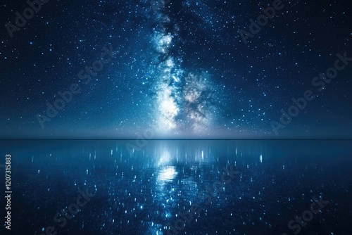 Milky Way galaxy reflected in a calm body of water under a starlit night sky.