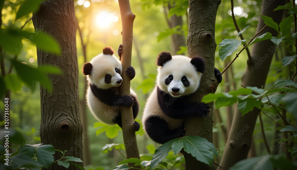 Obraz premium Baby pandas climbing trees in a lush forest during soft, diffused sunlight