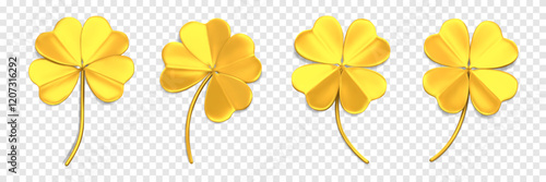 Gold clover icons with four leaves. 3D quatrefoil leaves. Shamrock symbol of lucky and Irish holiday St. Patrick Day. Design elements isolated on a transparent background