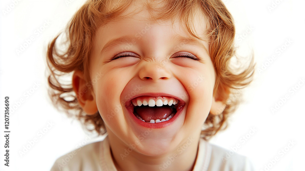 A joyful little child smiling and laughing with a bright, cheerful expression against a white background