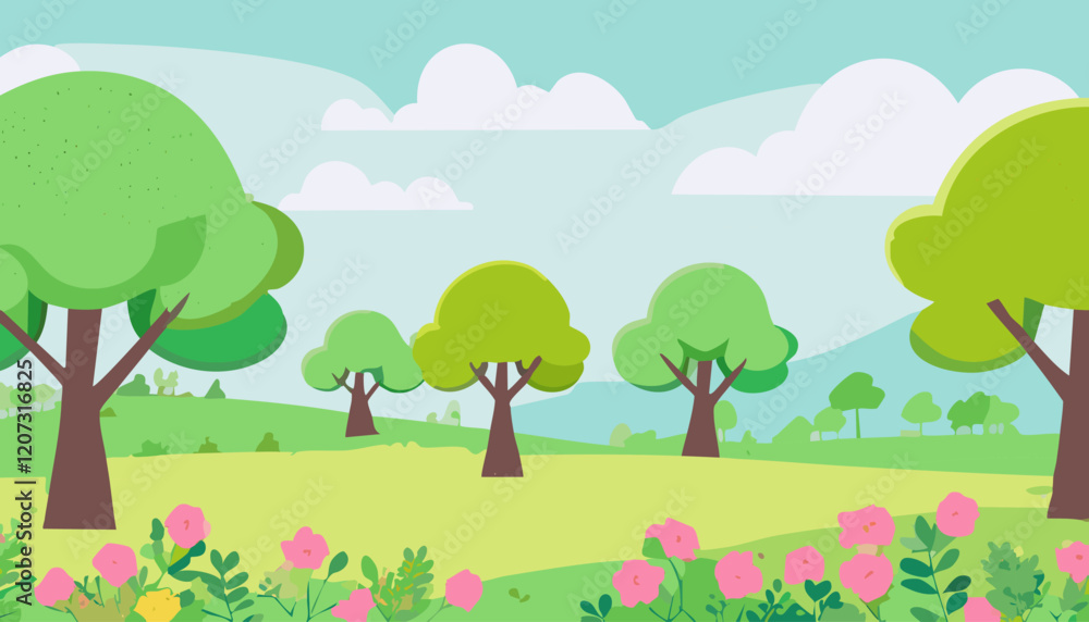 Spring landscape with trees and flowers. Vector illustration in flat style. Spring landscape with trees and flowers. Vector illustration in flat style.