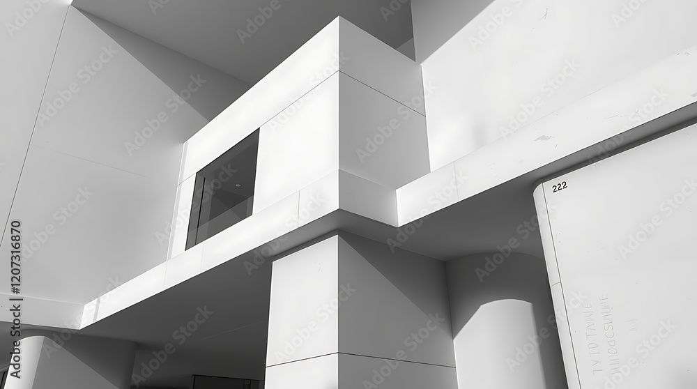 Obraz premium Monochrome Architectural Marvel: A Study in Geometric Forms and Shadows. The interplay of light and shadow on the building's stark white surfaces creates a captivating minimalist aesthetic.