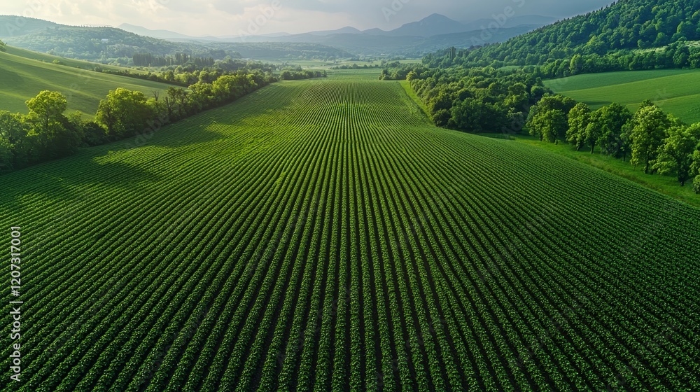 Fototapeta premium Lush green farmland stretches across rolling hills under a cloudy sky, showcasing a vibrant landscape in nature's embrace.