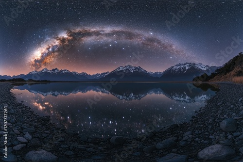 Fototapeta Naklejka Na Ścianę i Meble -  Milky Way arching over a tranquil lake reflecting snow-capped mountains under a starry sky.