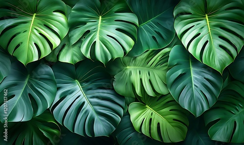 Wallpaper Mural Lush Tropical Monstera Leaves: A Serene Green Botanical Artwork Torontodigital.ca