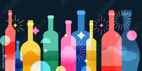 Colorful wine bottles and fireworks. Vector illustration. Alcoholic, non-alcoholic drinks menu, bar design elements