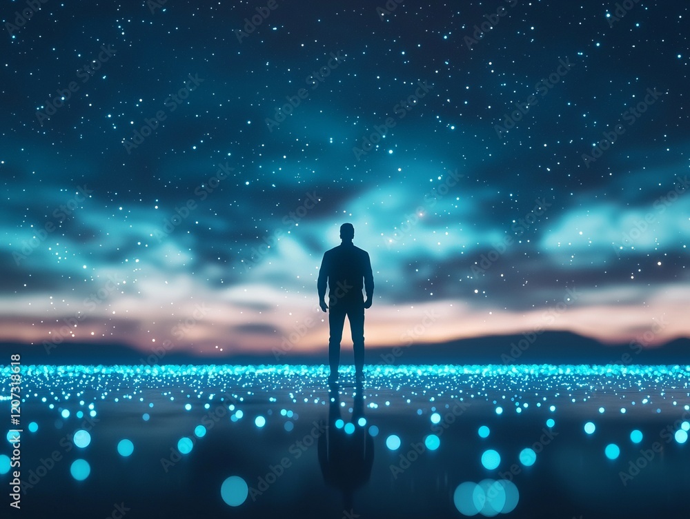 Fototapeta premium A silhouette of a person stands amidst a vibrant, starry sky and glowing blue lights, creating a serene and dreamy atmosphere.