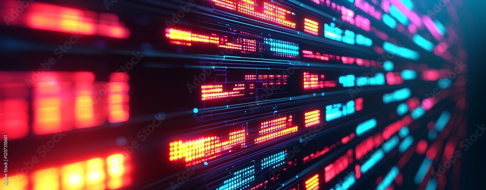 Obraz premium A vibrant, digital display featuring glowing rows of data and colorful lights, creating a futuristic and dynamic atmosphere.