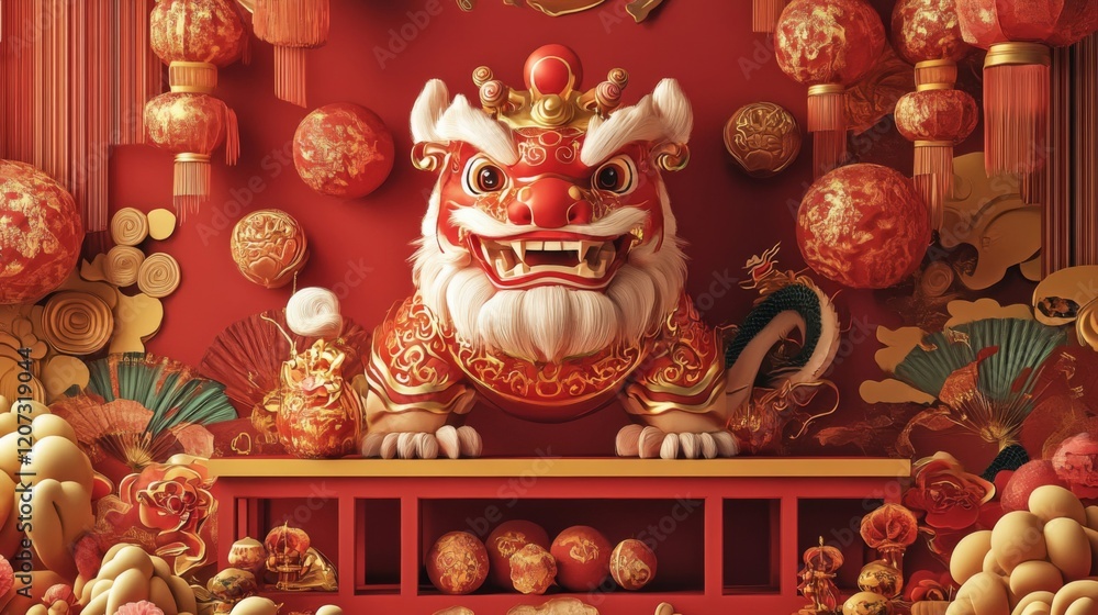 Obraz premium Chinese New Year Lion Dance Festive Decoration