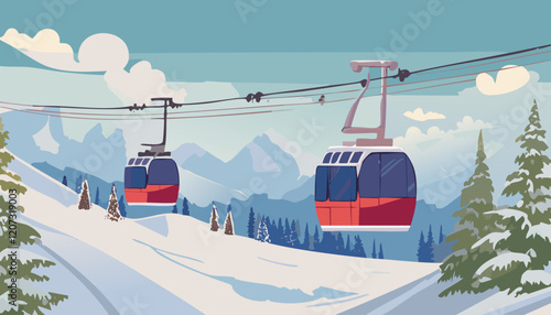 Cable car in the mountains. Vector illustration in flat style.