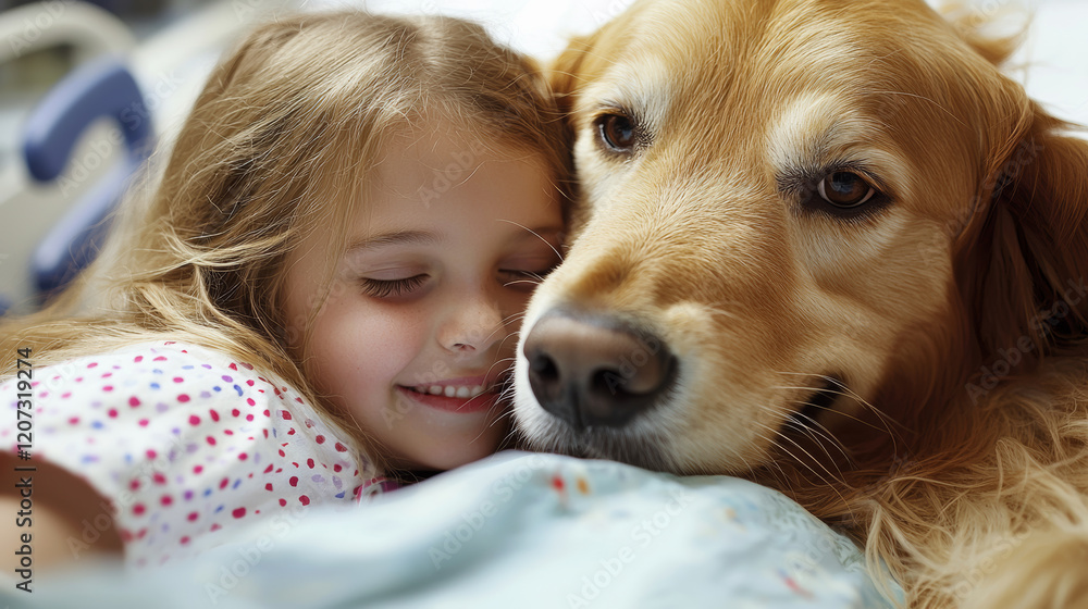 young girl lovingly cuddles with Golden Retriever on cozy bed, radiating warmth and comfort in serene indoor setting young girl lovingly cuddles with Golden Retriever on cozy bed, radiating warmth and comfort in serene indoor setting