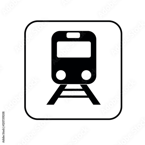 A schematic depiction of a train on tracks within a square frame. Used to denote train stations, railway routes, or rail transport networks.