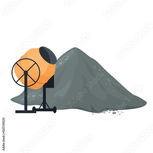 Concrete mixer and cement pile isolated on white background for construction projects