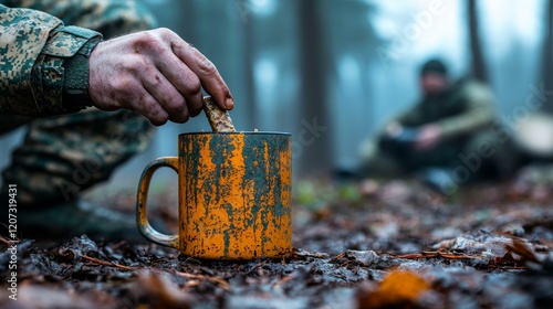 A soldier in a camouflage uniform soaks a cookie in a hot drink photo