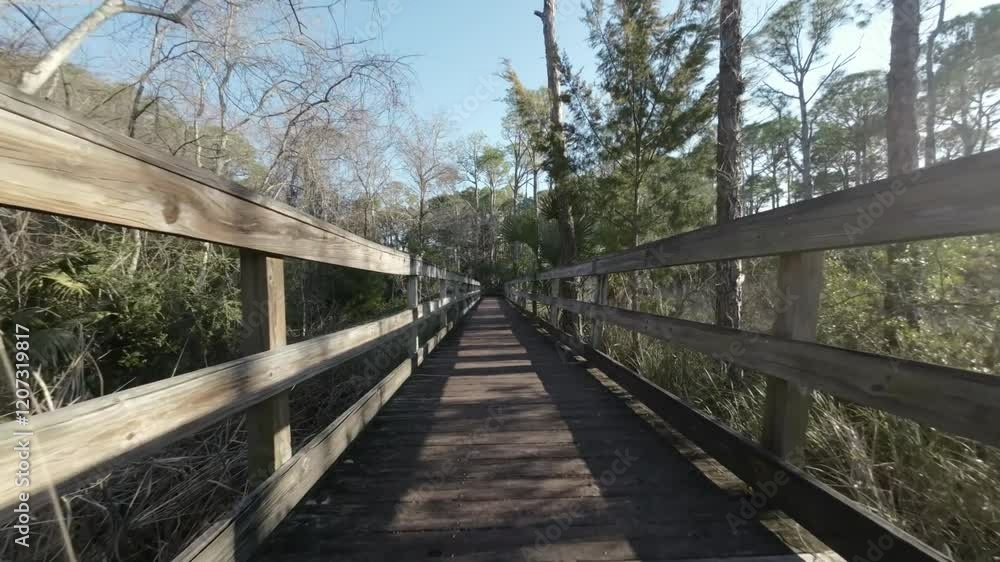 Drone shot along wooden path at Mattie Kelly Park and Nature Walk in Destin Drone shot along wooden path at Mattie Kelly Park and Nature Walk in Destin