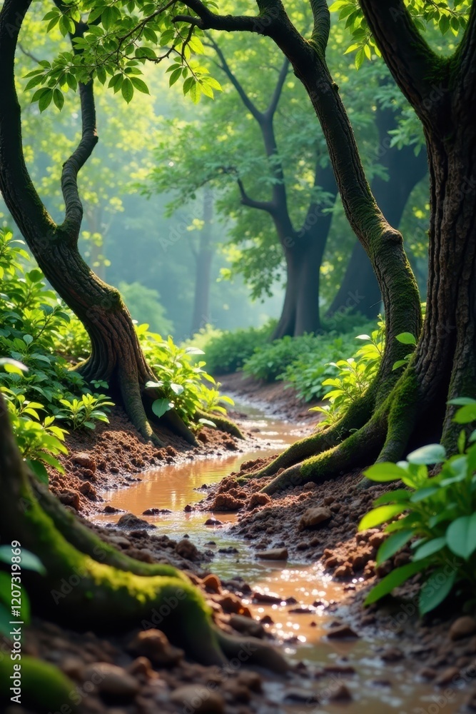 Obraz premium Muddy terrain with twisted tree trunks and overgrown vegetation, mud, foliage
