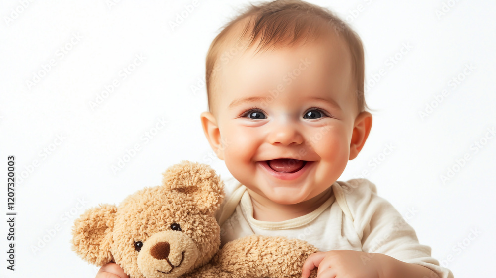 Adorable smiling baby holding a teddy bear on a soft white background, with a joyful expression Adorable smiling baby holding a teddy bear on a soft white background, with a joyful expression
