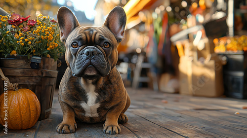hyperrealistic French Bulldog sits attentively on wooden deck surrounded by autumn decorations, including pumpkin and vibrant flowers, with cozy outdoor market in background