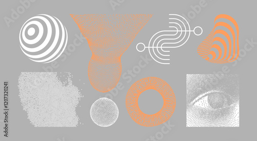 Eye in a circle. Spheres formed by dots or lines. A thin line style icon. Small circles chaotically scattered in space. A collection of elements for design. Vector for brochure, poster, presentation.