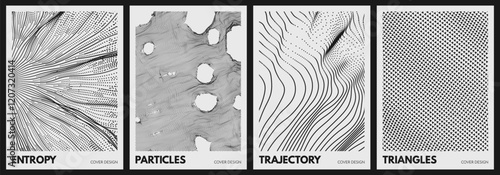 Spider web torn. Abstract background with holes. An array with dynamic particles. Texture. Wavy dot background. Multiple black triangles scattered on white background. Cover design template. Vector.