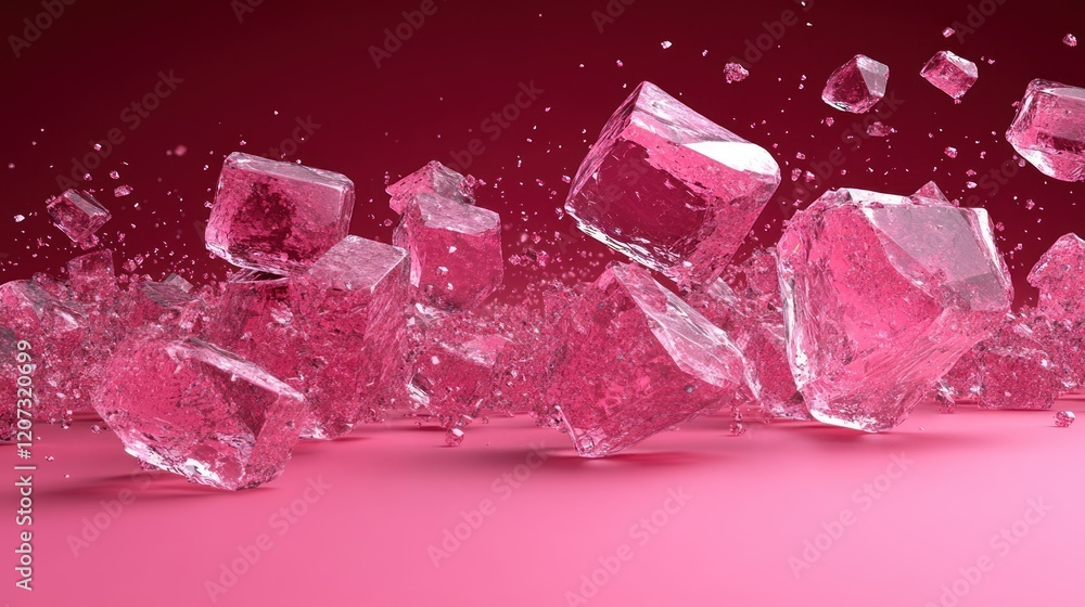Fototapeta premium Pink Ice Cubes Collision: A Stunning 3D Render of Shattering Ice