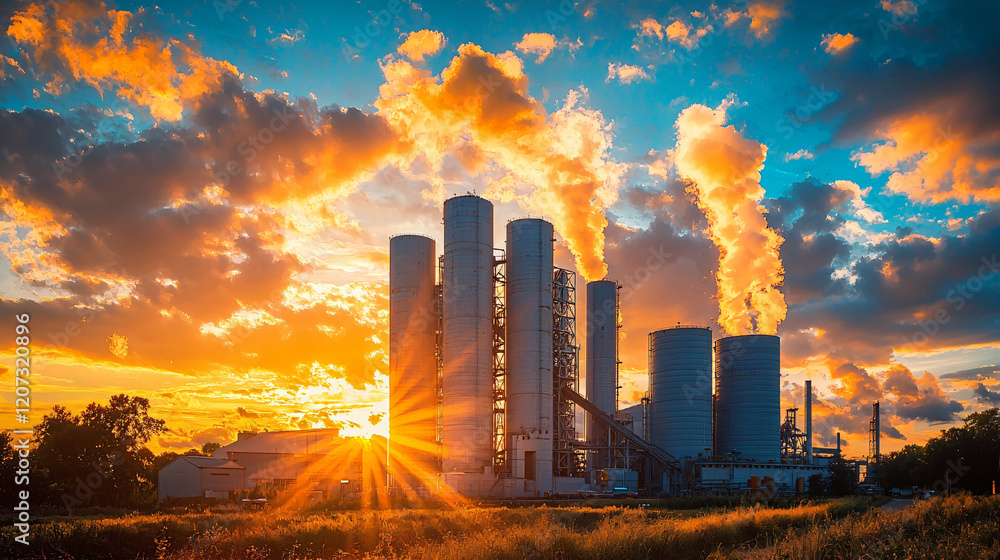 Obraz premium vibrant industrial landscape featuring smokestacks against sunset sky, showcasing beauty of industry and nature