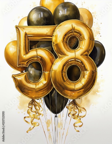 Gold birthday / anniversary party balloon, number 58, watercolor painting with white background photo